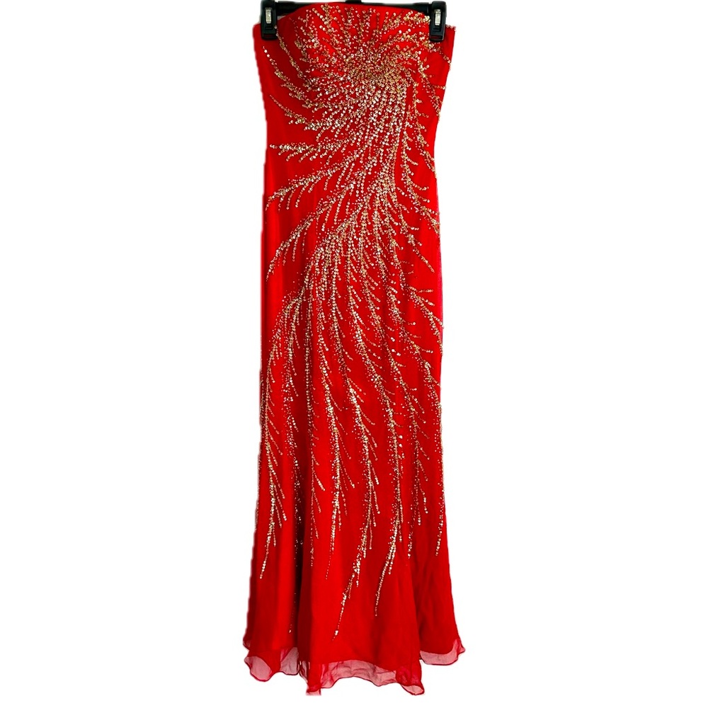 Tiffany Designs vintage red 100% silk gold sequin maxi dress